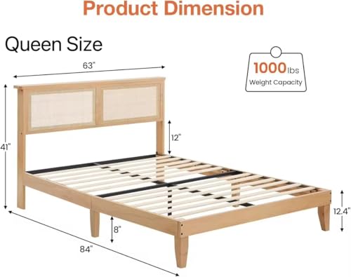 GarveeHome Rattan Bed Frame Queen, Rustic-Chic Bed Frame Queen Size with Natural Rattan Headboard, Queen Bed with Led Lights, Wooden Support Legs and Slats, Noise-Free, No Box Spring Needed - size: Queen
