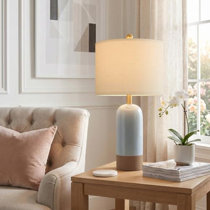 PoKat 24'' Farmhouse Blue Table Lamps Set of 2 for Living Room, Two-Tones | Ceramic Bedside Lamps for Bedroom, Hand-Textured Design, Kiln Variation Glaze, Coastal Lamps for Nightstand, Hallway,Entryway - color: Blue Reactive Glaze