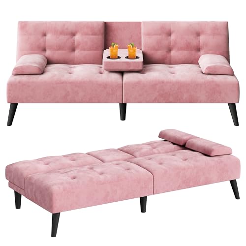 Futon Sofa Bed, Small Convertible Sofa Couch Recliner, 64 in Adjustable Sofa Bed for Living Room, Removable Armrest Pillows, Pink - color: Pink