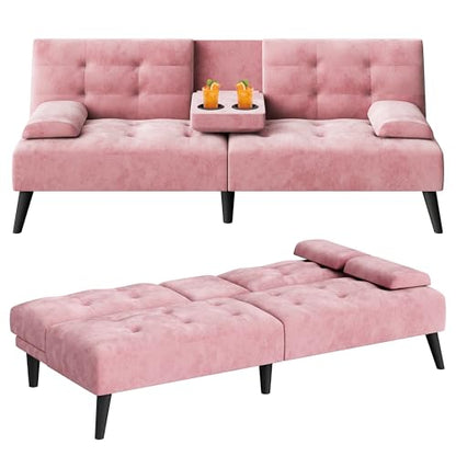 Futon Sofa Bed, Small Convertible Sofa Couch Recliner, 64 in Adjustable Sofa Bed for Living Room, Removable Armrest Pillows, Pink - color: Pink