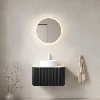 24" Floating Bathroom Vanity with Sink, Wall Mounted Plywood Cabinet, Black Fluted Front, Sintered Stone Countertop, White Round Ceramic Vessel Sink, Soft-Close Drawer, Pre-Assembled - color: Black Cabinet / White Sink, size: 24 Inch