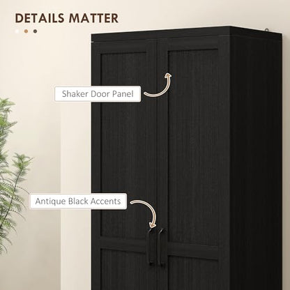 HOMCOM 63" 2-Door Kitchen Pantry 5-Tier Black Wood Grain | Freestanding Storage Cabinet, Shelving, 2 Adjustable Shelves, for Dining Room - color: Black