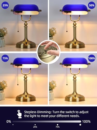 Blue Stepless Dimmable Glass Bankers Desk Lamp | Table Lamp Plug in Fixture for Study Home Office, LED Bulb Included - color: Blue-Dimmable