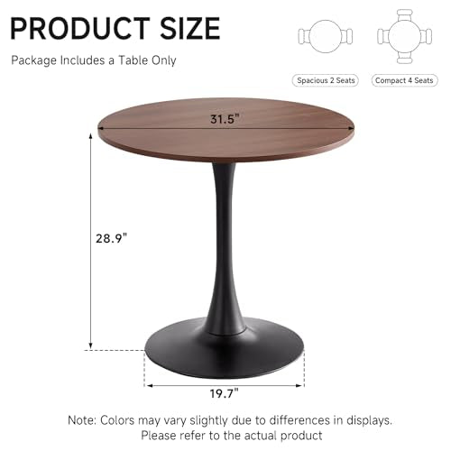 31.5" Small Round Dining Table for 2, [Sturdy Metal Tulip Base] Modern Circle Kitchen Table, for Dining Room Apartment Office Space Saving - color: Brown With Black Base, size: 31.5"