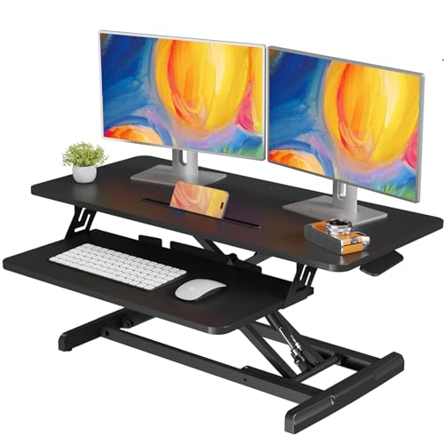 JOY worker Standing Desk Converter, 35" Height Adjustable Sit Stand Riser | Black Desktop Sit to Stand Riser with Fixed Keyboard Tray, Dual Monitor and Laptop Workstation, Particle Board, Home Office - color: Black, size: 35 Inch