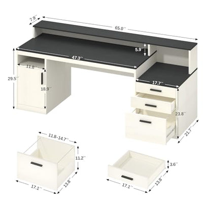 65" Computer Desk with 3 Drawers & Printer Shelf for Home Office | Office Desk with Printer Shelf & File Drawer, Executive Desk Writing Study Table with Monitor Stand, Black & White - color: Black & White