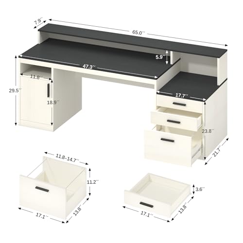 65" Computer Desk with 3 Drawers & Printer Shelf for Home Office | Office Desk with Printer Shelf & File Drawer, Executive Desk Writing Study Table with Monitor Stand, Black & White - color: Black & White