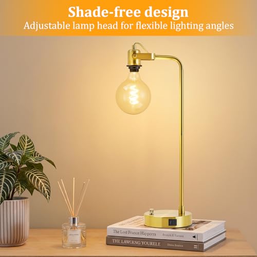 Gold Table Lamp Set of 2, USB A+C, 180° Adjustable Bedside Lamps, Dimmable | Bare Bulb Compatible, Industrial Nightstand Lamp with Linen Lampshade, LED Bulbs Included, Desk Lamp for Bedroom, Living Room - color: Gold-A