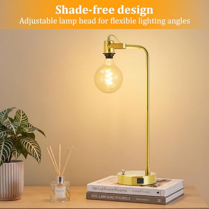 Gold Table Lamp Set of 2, USB A+C, 180° Adjustable Bedside Lamps, Dimmable | Bare Bulb Compatible, Industrial Nightstand Lamp with Linen Lampshade, LED Bulbs Included, Desk Lamp for Bedroom, Living Room - color: Gold-A