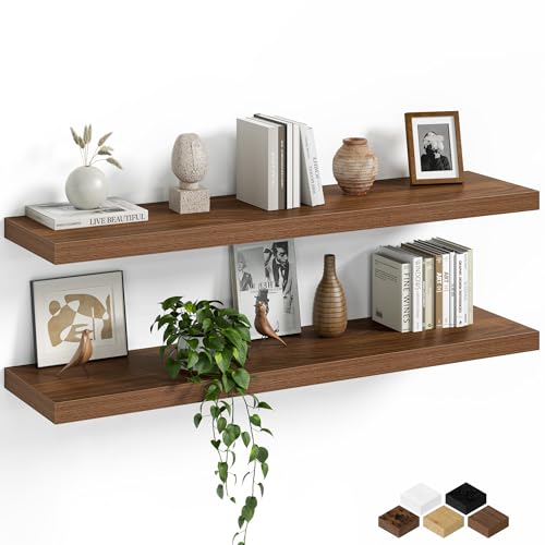 Fun Memories Floating Shelves for Wall, 40 Inch Long Set of 2 Rustic Wood Wall Shelves with Invisible Brackets, Heavy Duty Storage Display for Living Room Bedroom Kitchen, Walnut - color: Walnut Brown, size: 40"W x 8"D, Set of 2