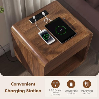Nasonet Small Night Stand Set 2, 17.7'' Wide Bedside Table with Charging Station, Mid Century Modern Nightstands with Drawers, End Table for Living Room, Curved Beveled Design, Walnut - color: Walnut, size: 1 Drawer