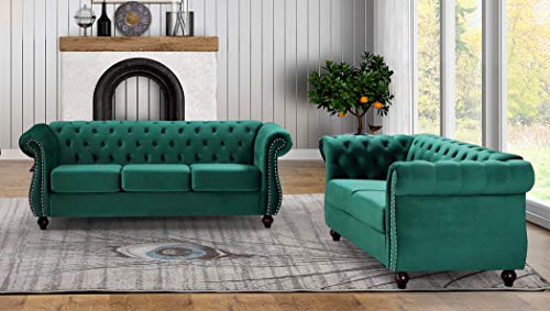 GDFStudio 82.6" Chesterfield Sofa Set, Modern Velvet Upholstered Sofa Set, Comfy 3 Seat Couch with Loveseat for Living Room Apartment, Button Tufted Rolled Arms Solid Wood Legs Spring Cushion, Black - color: Green, size: 3+2 Seat