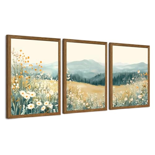 AVECCO 3 Pieces Wildflower Meadow Mountain Framed Canvas Wall Art 12x16 in | UV Fade-Resistant Ink, Giclee Print, Wooden Frame, Triptych Floral Landscape, Ready to Hang, Living Room Bedroom Decor - color: Mountain flowers, size: 16"L x 12"W