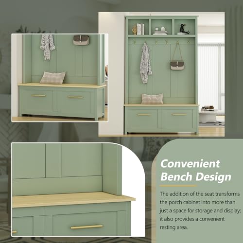 JIVOIT 4-in-1 Entryway Hall Tree with Brown Wood Grain Storage Bench, Wood Entryway Coat Hanger Hall Tree with 6 Golden Hooks, 2 Drawers, Coat Rack for Living Room, Hallway - color: Mint Green/31