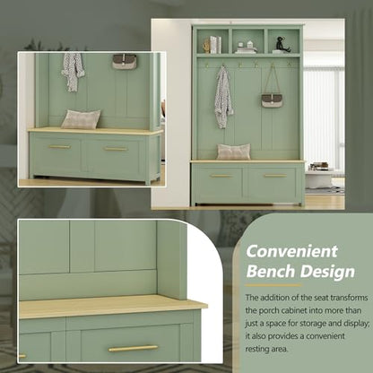 JIVOIT 4-in-1 Entryway Hall Tree with Brown Wood Grain Storage Bench, Wood Entryway Coat Hanger Hall Tree with 6 Golden Hooks, 2 Drawers, Coat Rack for Living Room, Hallway - color: Mint Green/31