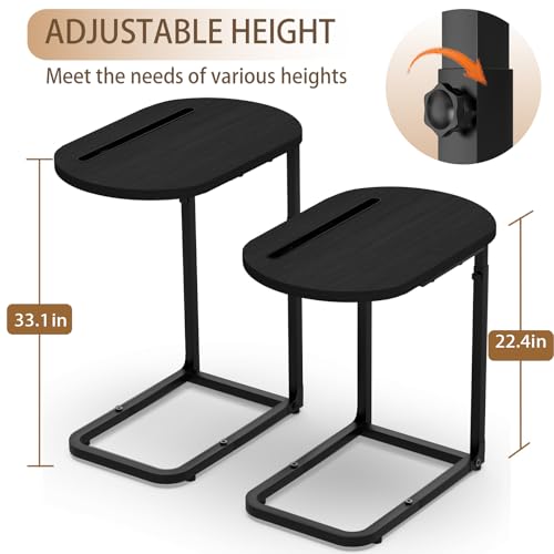 Fashion TV Tray Table with Large Tabletop, Adjustable Sofa Table with Storage Baskets, Strong Metal Frame, Tv Dinner Tray Table for TV Watching, Meals, Snacks (Oval, Black, 16.93inch x 12.6inch)