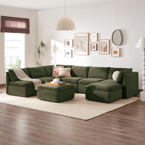 mopio Oversized Modular Sectional Sofa with Fully Removable Covers and Storage, Convertible U, L-Shaped and Sleeper Sectional, Modern Couches with Ottoman Chaise (Olive Green Velvet, 8 Seats, U) - color: [Gen 2] Olive Green Velvet, size: 8 Seats, U