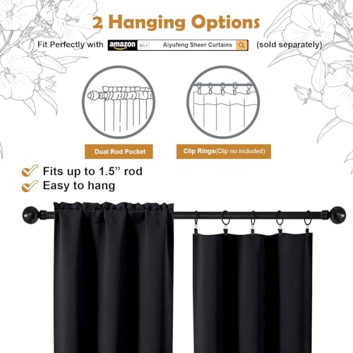 Aiyufeng Halloween Black Short 36 Inches Blackout Curtain 2 Panels Set, Half Window Rod Pocket Privacy Curtain Tiers for Kitchen, Curtains Blackout for Bathroom Shades, W40 x L36 Inch, Black - color: Black, size: 40"W x 36"L (Pack of 2)