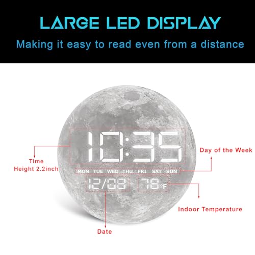 Digital Desk & Shelf Clock, LED Moon/Earth Design, Temperature Display, 7.87 x 7.87 inches (Moon, 7.87 INCH) - color: Moon, size: 7.87 INCH