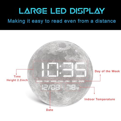 Digital Desk & Shelf Clock, LED Moon/Earth Design, Temperature Display, 7.87 x 7.87 inches (Moon, 7.87 INCH) - color: Moon, size: 7.87 INCH