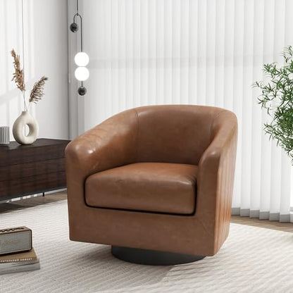 Swivel Barrel Accent Chair, Comfy Reading Armchair, Brown, Set of 1 | Club Chairs for Adults, Low-Back Design, Modern Round Style, Solid Wood Frame & Metal Swivel Base, For Living Room & Bedroom - color: Brown