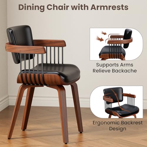 Dining Chairs with Armrest, Set of 2, Mid-Century Modern Kitchen Chair | with Wood Legs, Upholstered PU Leather for Dining Room, Kitchen, Restaurant, Cafe, Black - color: Black