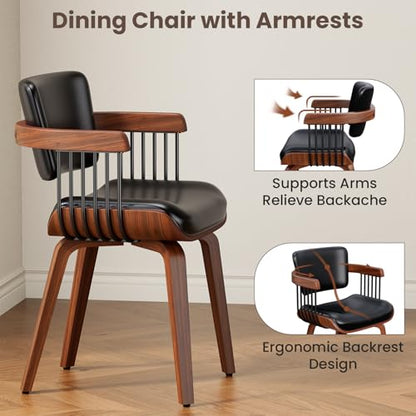 Dining Chairs with Armrest, Set of 2, Mid-Century Modern Kitchen Chair | with Wood Legs, Upholstered PU Leather for Dining Room, Kitchen, Restaurant, Cafe, Black - color: Black