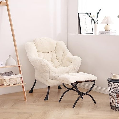 Lazy Chair with Ottoman, Modern Accent Leisure Upholstered Sofa Chair, Lounge Reading Chair with Armrests and a Side Pocket for Living Room, Bedroom & Small Space, Plush Beige | Foldable Footrest,Removable Cover,with Armrests and Side Pockets,Upholstered