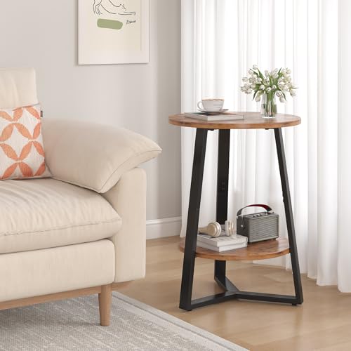 sthmec Small Round End Table, 2 Tier Side Table with Storage Shlef,Coffee Table Wooden Tabletop & Metal Frame,Round Accent Table Small Nightstands Couch Tables for Bedroom,Livingroom,Rustics Brown - color: Rustic Brown