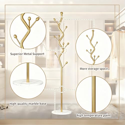 Gold Tree Meta Coat Rack with Marble Base Freestanding Hall Tree | Multi-Hook Entryway Organizer for Hallway, Bedroom, Living Room (Gold) - color: Gold