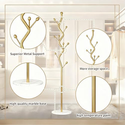 Gold Tree Meta Coat Rack with Marble Base Freestanding Hall Tree | Multi-Hook Entryway Organizer for Hallway, Bedroom, Living Room (Gold) - color: Gold