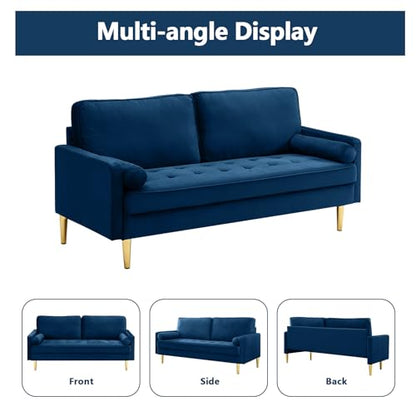 65" Love Seat Sofa, Velvet Small Sofa Small Couch for Bedroom Living Room, Bedroom, Loveseat with 2 Pillows, Gold Legs, Modern Tufted Seat Upholstered Seating for Office, Apartment (Blue) - color: Blue