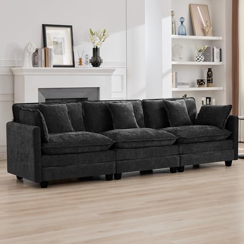 111'' Sectional Cloud Deep Seat Couch, Modern Comfy Chenille Modular Sectional Sofa for Living Room Set, Upholstered Modular 3-Seats Sofa Couch, Dark Grey - color: Dark Grey, size: 111'' 3 Seats