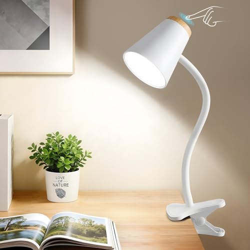 EJIAXIN Clip on Desk Lamp for Home Office - Small LED Touch Dimmable Reading Light for College Dorm Room - Adjustable Flexible Gooseneck Clamp Light Table Lamp for Bedside Bedroom Bed Headboard White - color: Cool White