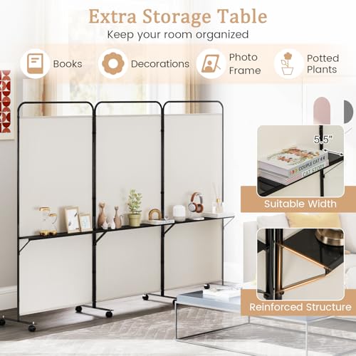 GOFLAME 3 Panel Room Divider with Storage Shelves, 6FT Folding Privacy Screen with Lockable Wheels, Portable Rolling Wall Divider, Freestanding Partition Screen for Room Separation, Beige - color: Beige