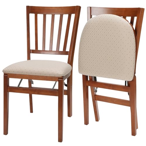 Stakmore Premium Solid Wood Dining Table Compact Folding Chair Set with Blush Fabric Padded Upholstered Seat, Fruitwood (Set of 2) | Compact Folding Chair Set with Blush Fabric Padded Upholstered Seat for Indoor Use - color: Fruitwood