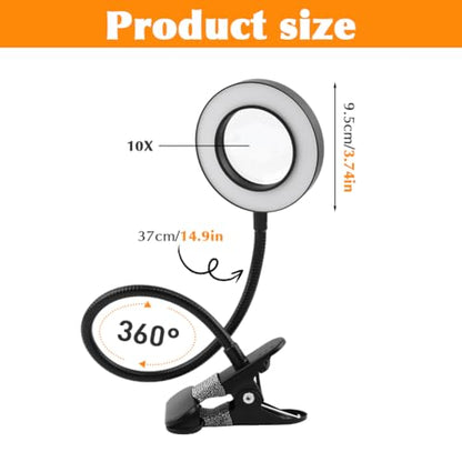 10X Magnifying Glass with Light, 2 in 1 Magnifying Desk Lamp Clip on Mganifier, 3 Color Modes & 10 Brightness Levels, USB Powered Magnifier Light for Bed Crafts DIY Repair(Size:95mm) - size: 95mm