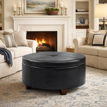HomePop 32" Large Tufted Round Storage Ottoman - Black Faux Leather - color: Black Faux Leather
