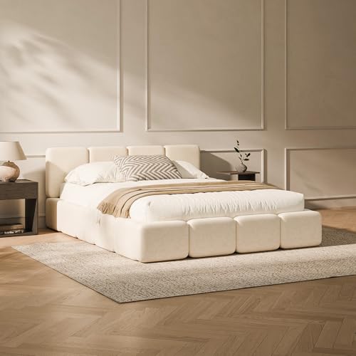 RECCI Queen Upholstered Platform Bed Frame with Plush Cloud Design | Cloud-Inspired Design, Upholstered Headboard & Footboard, Grounded Low Profile Design, Easy Assembly, No Box Spring Required - size: Queen