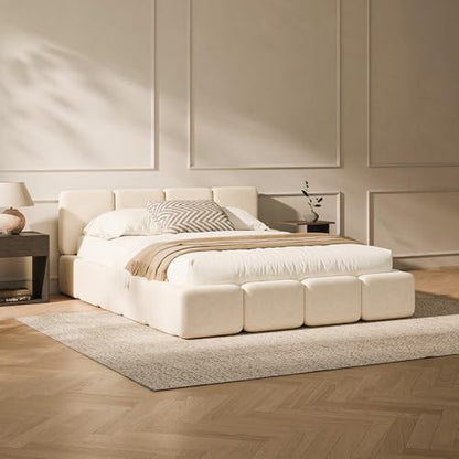 RECCI Queen Upholstered Platform Bed Frame with Plush Cloud Design | Cloud-Inspired Design, Upholstered Headboard & Footboard, Grounded Low Profile Design, Easy Assembly, No Box Spring Required - size: Queen