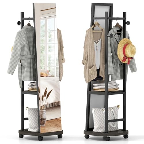 Tangkula 55" Full Length Mirror with Coat Rack, Standing Coat Tree | 2-Tier Shelves, Hanging Rods & Hooks, Explosion-Proof HD Mirror, 4-Wheel Swivel Design, For Entryway, Living Room, Bedroom - color: Black & Walnut