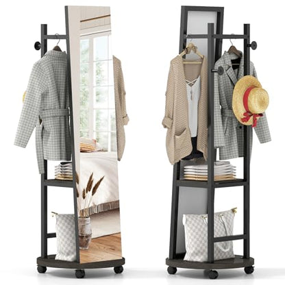 Tangkula 55" Full Length Mirror with Coat Rack, Standing Coat Tree | 2-Tier Shelves, Hanging Rods & Hooks, Explosion-Proof HD Mirror, 4-Wheel Swivel Design, For Entryway, Living Room, Bedroom - color: Black & Walnut