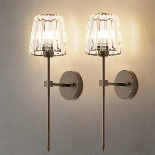 Crystal Battery Operated Wall Sconces Set of 2, Brown Rechargeable Wireless Wall Lights with Crystal Lampshade, 12 RGB and 3CCT Dimmable Wall Lamps with Remote for Bedroom Living Room Hallway - color: Brown