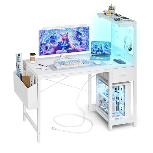 Grandder Gaming Desk 47 Inch with Power Outlet and LED Light, Computer Desk with Reversible Shelves and Storage Drawer, Pc Small Desk for Home Office Table with Bag, Carbon Fiber White - color: White, size: 47 Inch