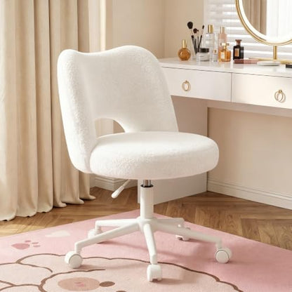 DurayLoly Vanity Chair with Open Back & Wheels,Armless | Fluffy Teddy Fabric ,Armless, Height Adjustable, for Makeup Room, Bedroom,Cream - color: Cream