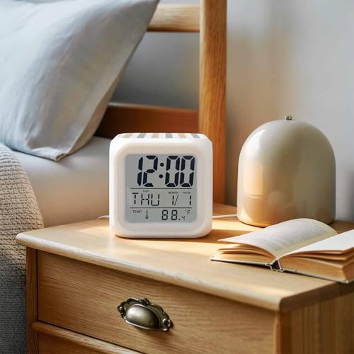 Digital Alarm Clocks for Bedroom,Classical Beige Grey Striped Cube Alarm Clock with Snooze and Nightlight Modern Minimalist Lines Silent Office Desk Clock Time/Date/Temperature Display - color: Beige