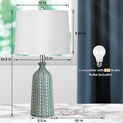 JUNNAI Green Ceramic Table Lamp 24.5": 3-Way Dimmable Nightstand Lamp with White Drum Lamp Shade | Modern Bedside Lamp for Bedrooms & Living Room (Bulb Included) - color: Blue Green