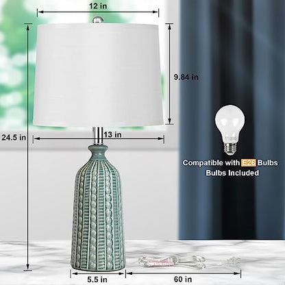 JUNNAI Green Ceramic Table Lamp 24.5": 3-Way Dimmable Nightstand Lamp with White Drum Lamp Shade | Modern Bedside Lamp for Bedrooms & Living Room (Bulb Included) - color: Blue Green