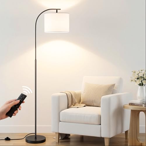 Floor Lamp with Linen Shade, Arc Dimmable Tall Standing Lamp with Remote Control, Modern Floor Reading Light for Living Room Bedroom Office Corner, 9W LED Bulb Included - color: White