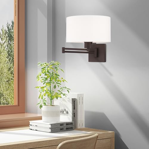 Livex Lighting 40036-07 1-Light Swing Arm Wall Light, Bronze | Off-White Fabric Shade - color: Bronze